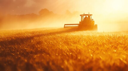 A farmer operates a modern harvester through golden wheat fields, as sunlight gleams across the swaying crops.