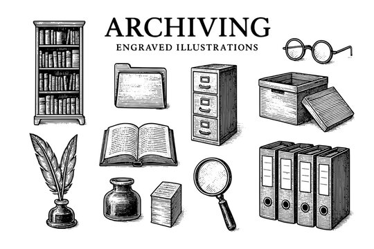 Exploring the art of archiving in vintage engraved illustrations showcasing timeless tools and knowledge