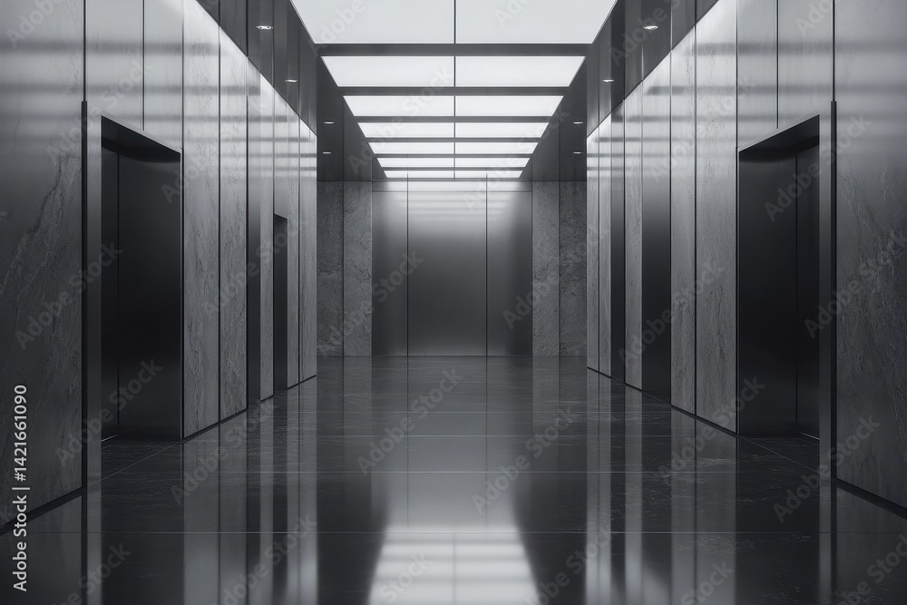 Poster modern interior of a bright lobby with tall windows showcasing minimalist seating and abstract art d