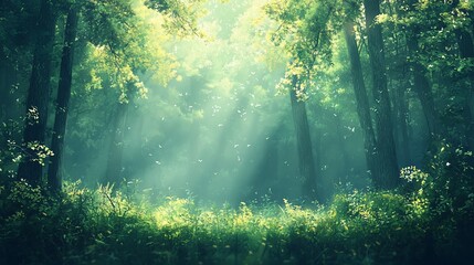 Obraz premium Sunbeams in Lush Green Forest; Nature Background