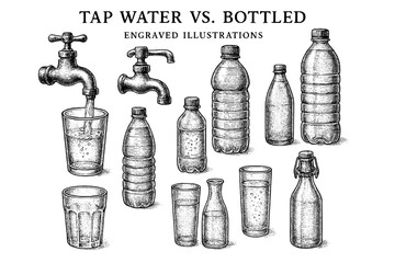 Comparison of tap water and bottled water illustrated with intricate engravings showcasing different containers and textures