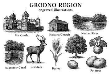 Exploring the Grodno region with engravings showcasing its natural beauty and historical landmarks