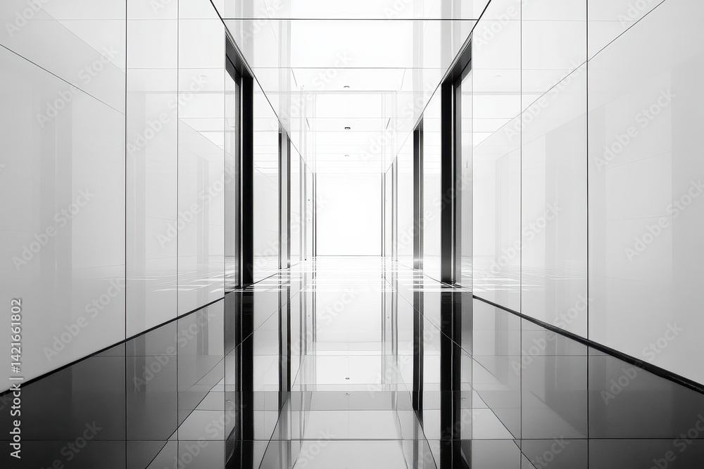 Poster modern interior of a bright lobby with tall windows showcasing minimalist seating and abstract art d