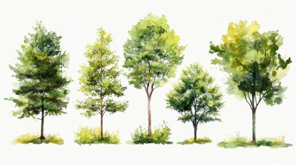Set of watercolor green trees, feeling fresh and peaceful isolated on crisp white background