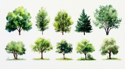 Set of watercolor green trees, feeling fresh and peaceful isolated on crisp white background