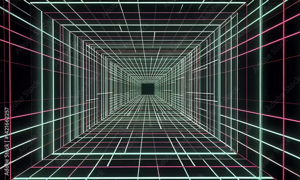 Poster a green grid with neon lines on a black background, a glowing digital tunnel with a futuristic grid 