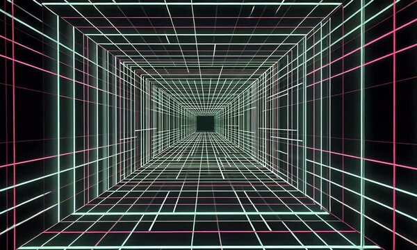 A green grid with neon lines on a black background, a glowing digital tunnel with a futuristic grid and cyber lines in space for virtual reality or gaming. An abstract 3D render of a sci-fi tech wallp