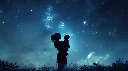 Obraz premium A mother and child under a starry night sky.