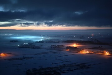 Fototapeta premium Night Landscape: Serene Winter Fields Glowing with Lights Under a Dark, Cloudy Sky