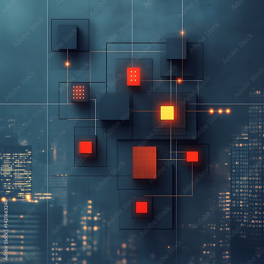 Poster abstract digital network design with glowing blocks against a city backdrop