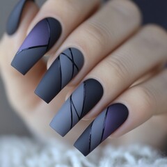 Create a stylish look by designing chic lavender nails with metallic silver geometric patterns