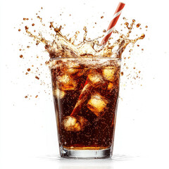 Refreshing cola splash with ice cubes and straw on white background