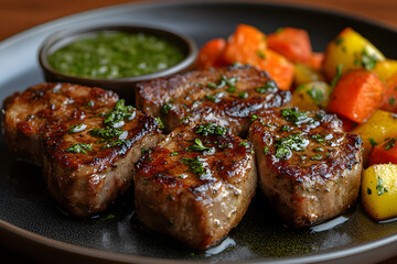 Pan-seared lamb chops with mint sauce served with roasted vegetables
