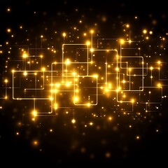 Obraz premium Abstract digital network glowing gold squares on dark background