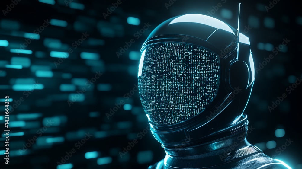 Poster futuristic astronaut helmet displaying digital code in dark background