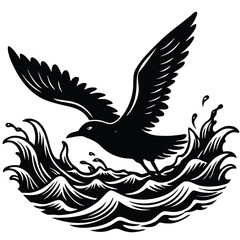 Seagull Flying Over Waves Black and White Illustration | Bird in Flight Graphic | Ocean Wildlife Art | Vector Image Download