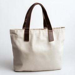 Beige cotton tote bag with brown leather handles on white background