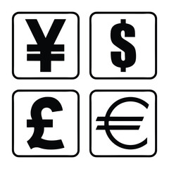 Yen , Yuan, Dollar, Pound and Euro currency symbol set, square money icons , vector illustration