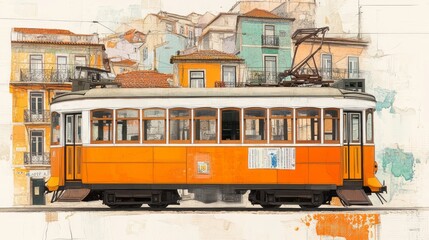 Naklejka premium Classic yellow tramcar stands out against colorful lisbon buildings