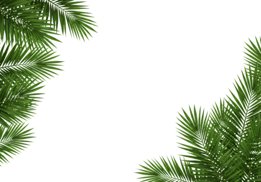 Top and bottom green palm leaves bordering a white background, ideal for tropical themed banners, invitations, and eco designs.

