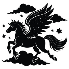 Black Pegasus Silhouette with Wings Flying in the Night Sky with Clouds and Stars