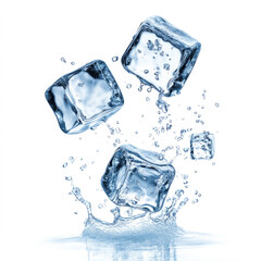 Obraz premium Four ice cubes splash into water creating droplets on white background