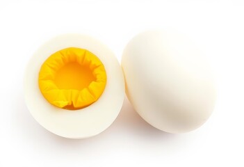 Perfectly cooked whole boiled egg, halved, showing yolk and white, isolated on white,  pale yellow, protein