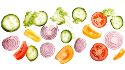 Fresh assorted vegetables including tomatoes, cucumbers, onions, and lettuce arranged beautifully on white background