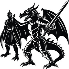 Dragon Knight Vector Illustration: Fantasy Black and White Graphic of Armored Dragon with Sword and Knight Silhouette