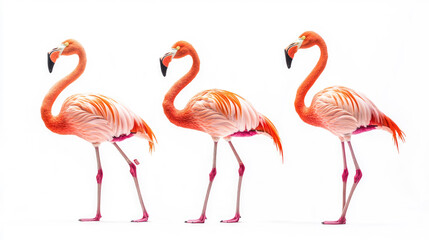 Fototapeta premium Three elegant flamingos showcasing vibrant plumage and distinct postures on white background