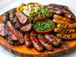 Platter of assorted meats, including sausages, grilled steak, and vegetables. The presentation is colorful and appetizing, with a variety of textures and flavors. Scene is inviting and celebratory