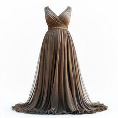Naklejka premium Elegant long brown dress with flowing fabric and intricate detailing on white background