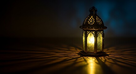 Illuminated Lantern Casting Shadows on Dark Background