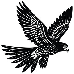 Obraz premium Black and White Falcon Illustration: Detailed Vector Graphic of a Bird of Prey in Flight, Wildlife Art, Animal Icon
