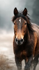 Fototapeta premium Majestic horse running through misty landscape at dawn in a serene natural setting