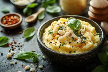 Polenta styled on rustic black stone table with side ingredients