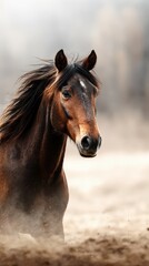 Majestic horse running through a dusty field under a cloudy sky at sunset, showcasing its beauty and grace in nature