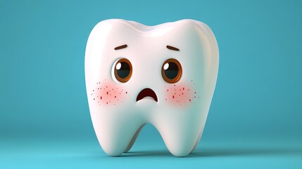 Cute cartoon tooth character with sad expression on blue background