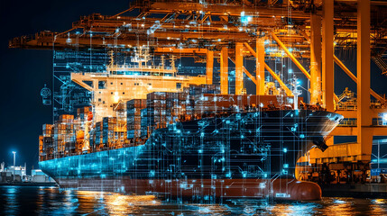 Cargo Ship at Night with Digital Network Overlay