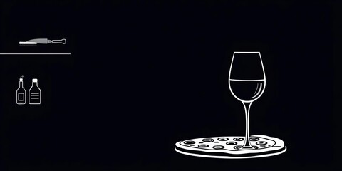 Simple line drawing of pizza & wine glass; minimalist kitchen decor, placard, sketch