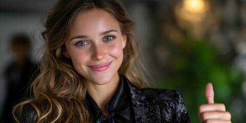 Smiling woman gives thumbs up in a stylish indoor setting while promoting positivity and confidence