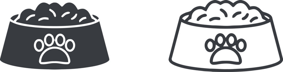 Pet Food Bowl Icons: Minimalist Line Art with Paw Print for Animal Care Graphics