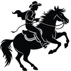 Black Silhouette of Cowboy Riding Rearing Horse Vector Illustration - Western Equestrian Art, Rodeo, Wild West Theme Graphic