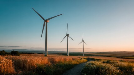 Three Modern Wind Turbines Standing Tall in a Serene Landscape During Sunset