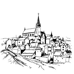 Naklejka premium Black and white sketch of a quaint village with church 