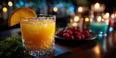 Refreshing citrus cocktail served on a bar counter with vibrant raspberries and soft candlelight ambiance