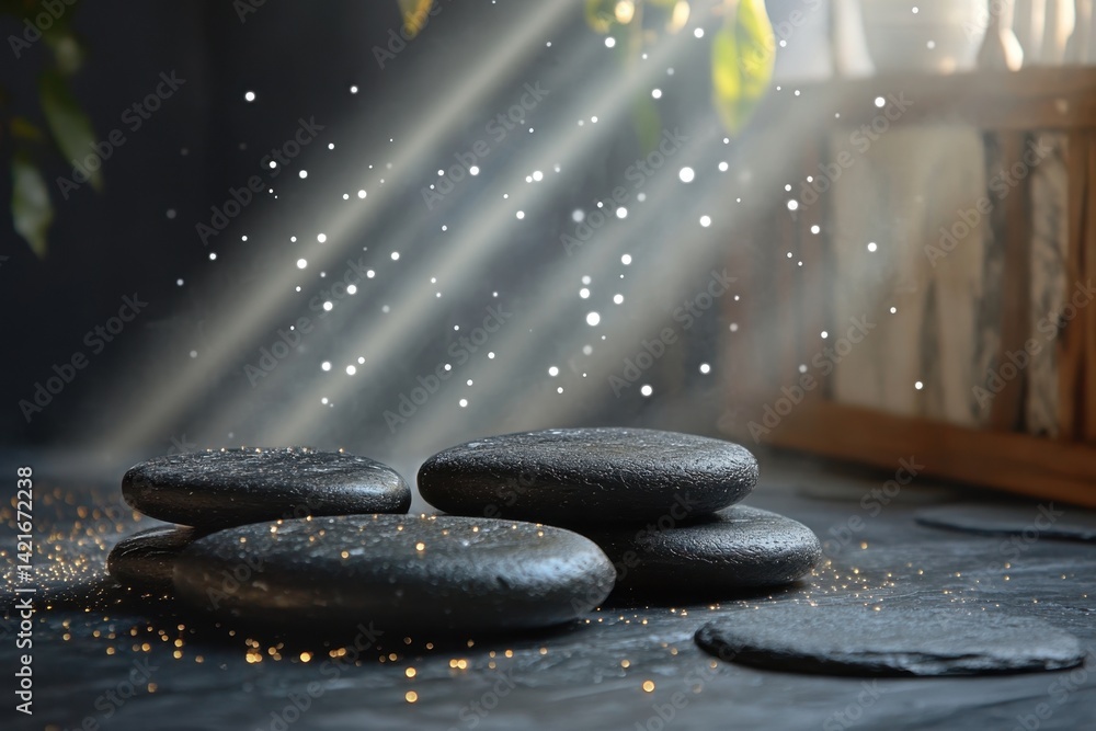 Poster dark stones arranged on a surface with gentle light rays and sparkles enhancing the atmosphere
