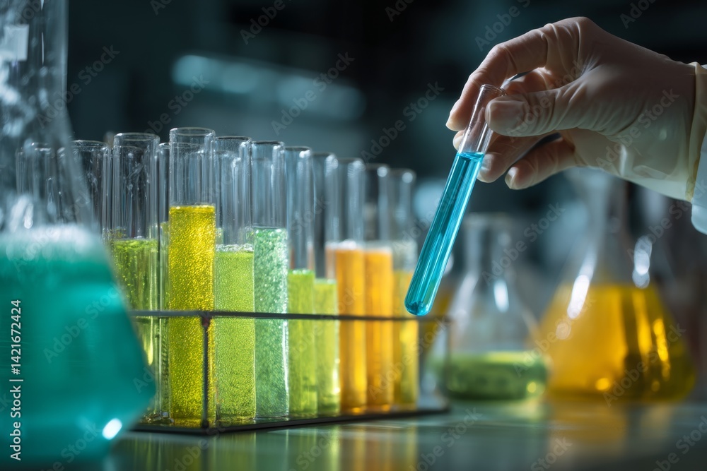 Poster scientist analyzes colorful chemical solutions in test tubes with precision in a lab setting