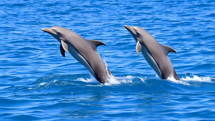 Fototapeta premium Bottlenose dolphin leaping out of the blue water onto their backs Generative AI