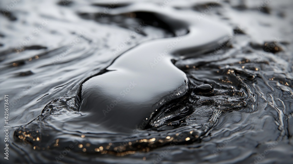 Poster dark, viscous substance flowing and pooling. detailed close-up view of texture and movement